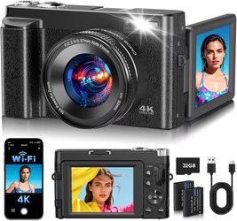 Brand new in box 2026 Upgraded 4K Digital Camera 64MP WiFi 180° Flip Screen Autofocus, Black Compact with 16X Zoom Anti-Shake Webcam Filters Scene Mod