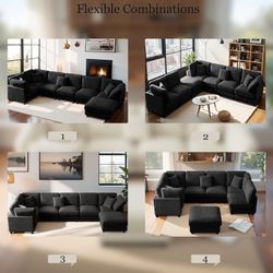 117” Modular Sectional Sofa U-Shaped Cloud Couch, 7-Seat Chenille w/ Ottoman