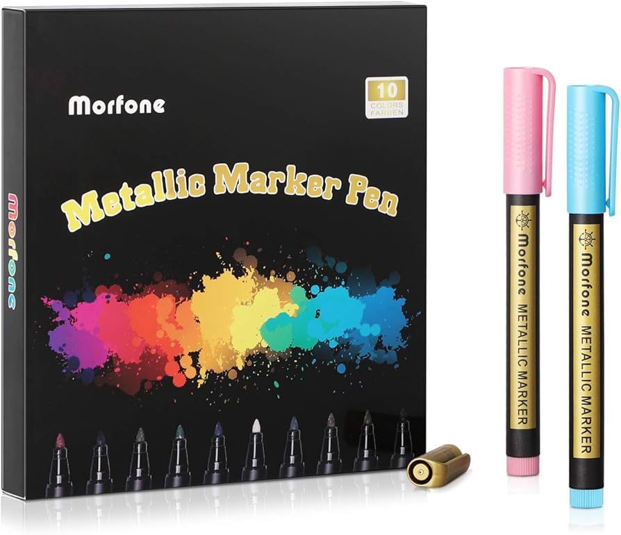 Set of 10 Morfone Metallic Marker Colors Pen Markers Medium Tip for All Surfaces