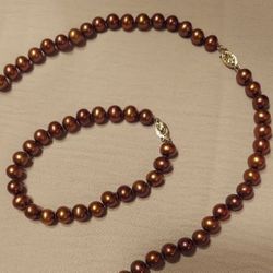 CHOCOLATE FRESHWATER REAL PEARLS WITH 10K CLAPS  NECKLACE & BRACELETS SETS 