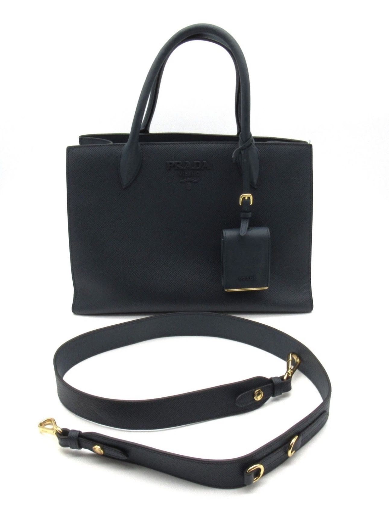 Prada Monochrome Tote Saffiano with City Calf Medium Navy Blue