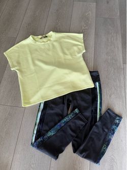 Athleta and Danskin Athletic Outfit - Grey Leggings w Multicolor Stripe (Size S) & Lime Green Shirt (Size M)