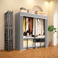 59" Portable Heavy Duty Metal Closet Foldable Covered Clothes Rack with Cover