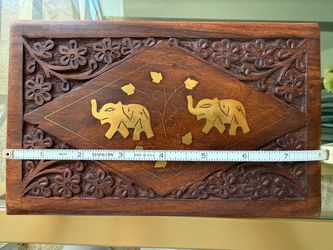 Hand-Carved Wooden Box, Brass Elephant Inlay