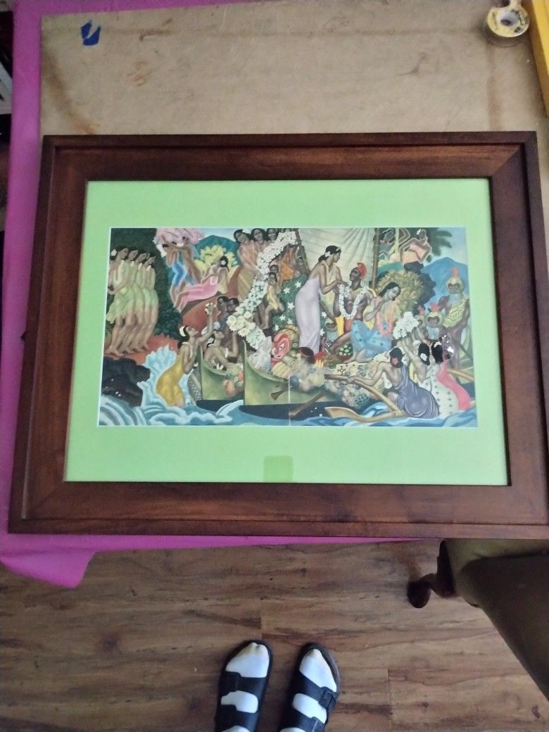 1950S HAWAIIAN LITHOGRAPH FROM MATSON LINES CAPTAIN'S DINNER MENU BY EUGENE SAVAGE IN MAHOGANY FRAME GLASS COVER AND DUST COVER