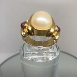 Gold Vermeil 18 Kt GE Pearl Turkish Je Ring Size 8