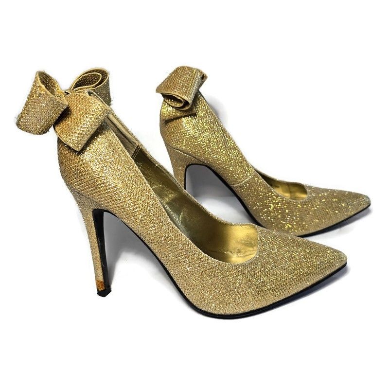 Brigitte J Renee Gold Wedding Evening Party Shoes Heels Pumps with Bow Knot 8.5 ,