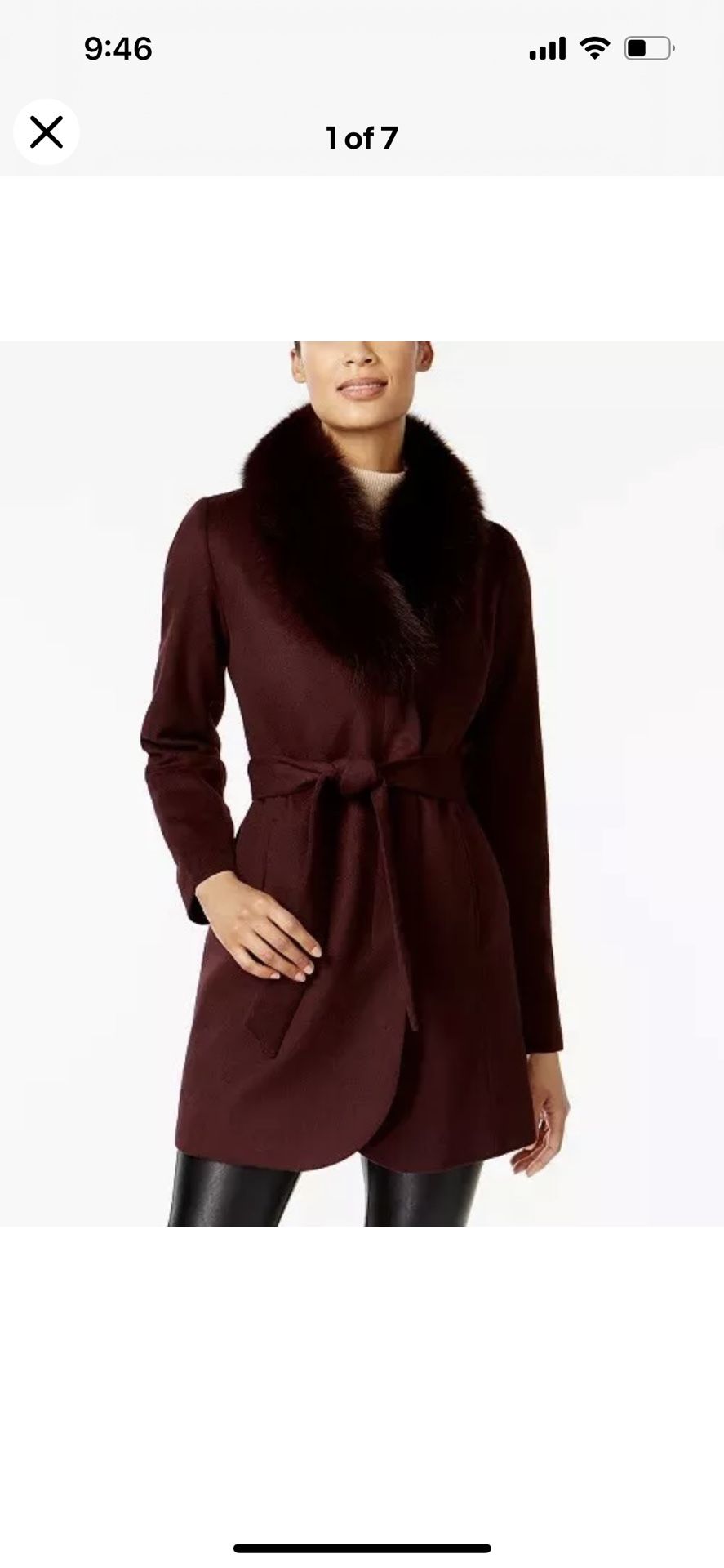 Forecaster Fox Fur Trim Shawl Collar Belted Wrap Coat Wine 4 MSRP $560