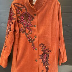 NWT BOB MACKIE WEARABLE ART BurntOrange Fleece Embroidered Jacket/Cardigan Sz M