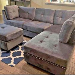 Sienna Grey Velvet Sectional With Ottoman. Brand New. 