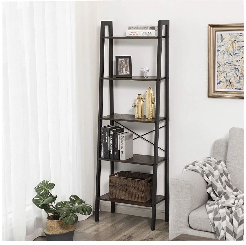 Vintage Ladder Shelf, 5-Tier Bookcase, Plant Stand and Storage Rack Wood Look Accent Furniture with Metal Frame for Home Office