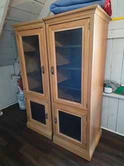 Pair of Wood Cabinets with Glass Doors