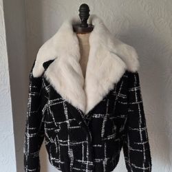 White Rabbit Fur Lined Collar Black And White Boucle Jacket Coat L NO OFFERS 