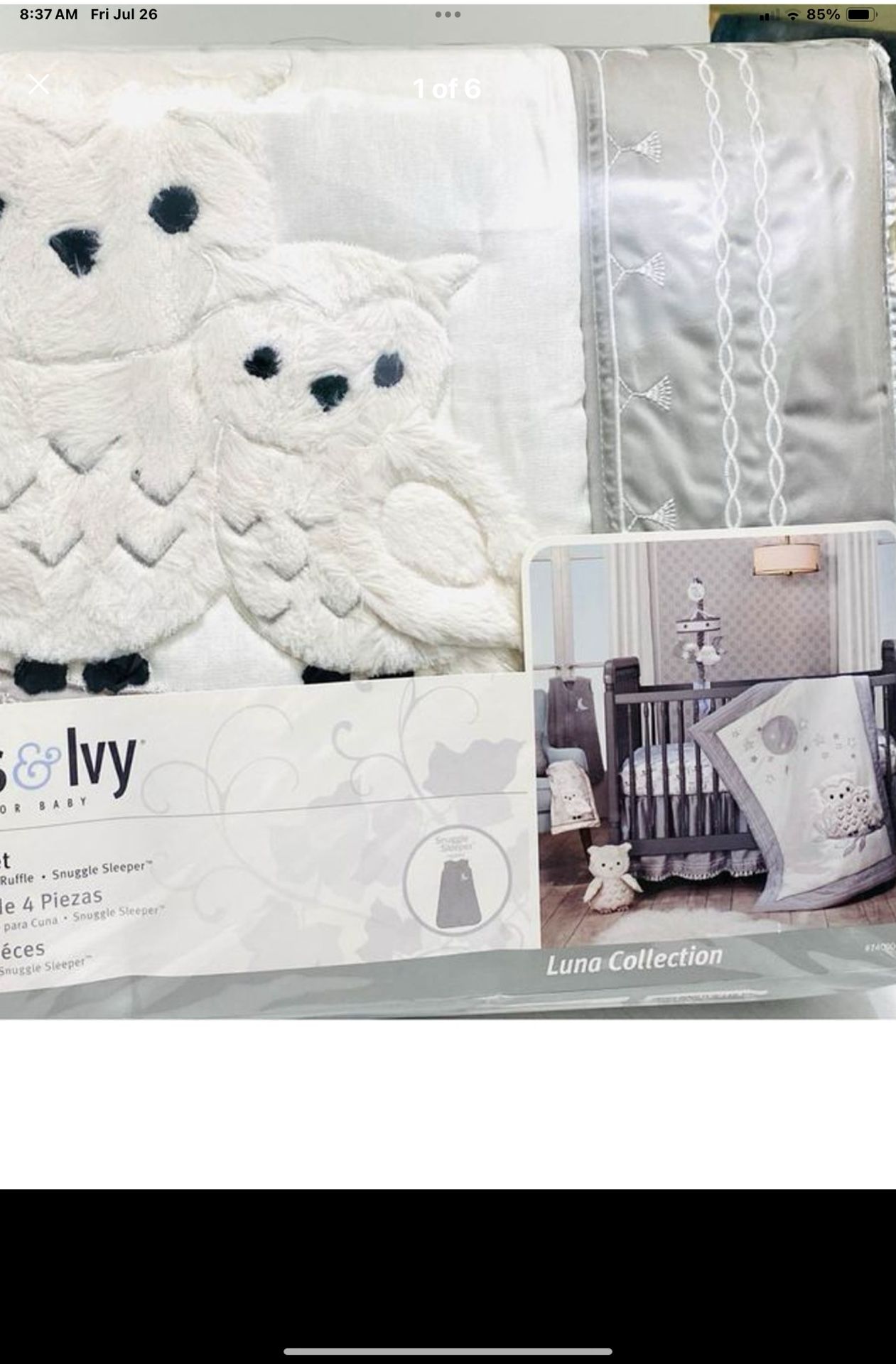 New 4 Piece Baby Crib Set, Lambs & Ivy "Luna" White & Gray, Owl