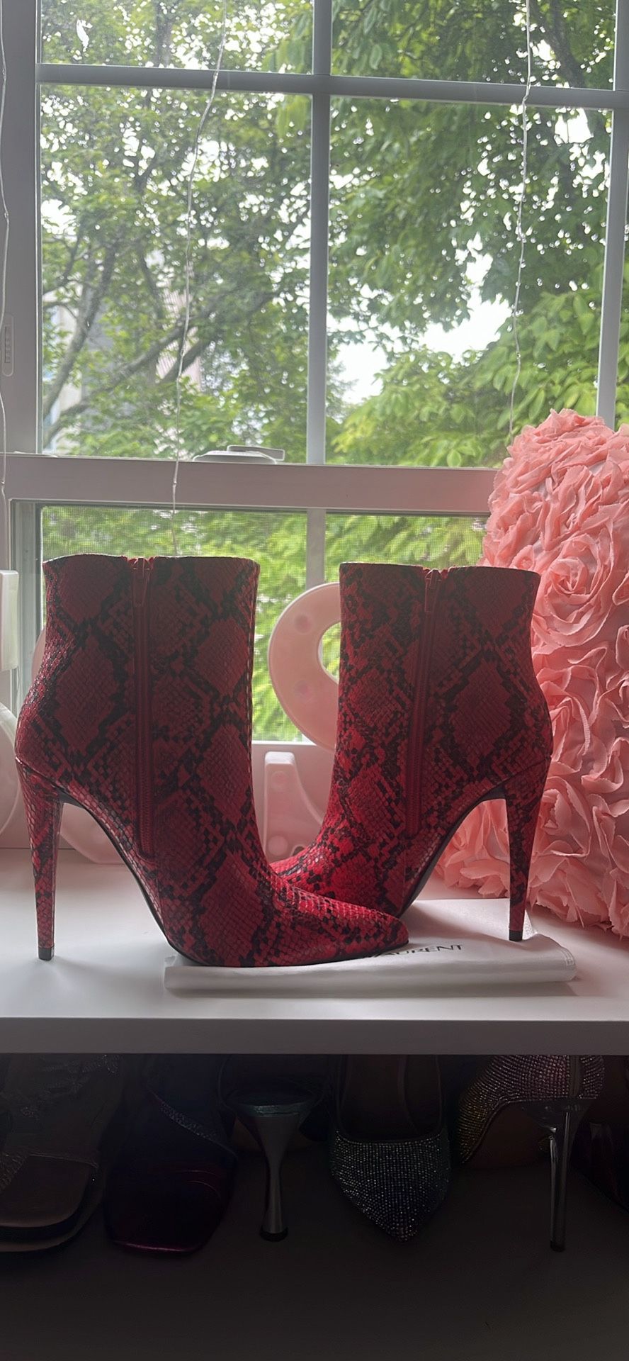 Brand New Clarise Stiletto Bootie Snakeskin in Red/Black - Size 7