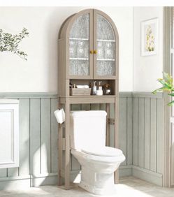 Over The Toilet Storage Cabinet, Arched Bathroom Organizer and Storage with Acrylic Doors and Adjustable Shelf, Space-Saving Freestanding Bathroom Mod