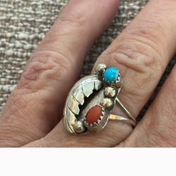 Sterling Silver Hand Made FeatherTurquoise And Coral Ring