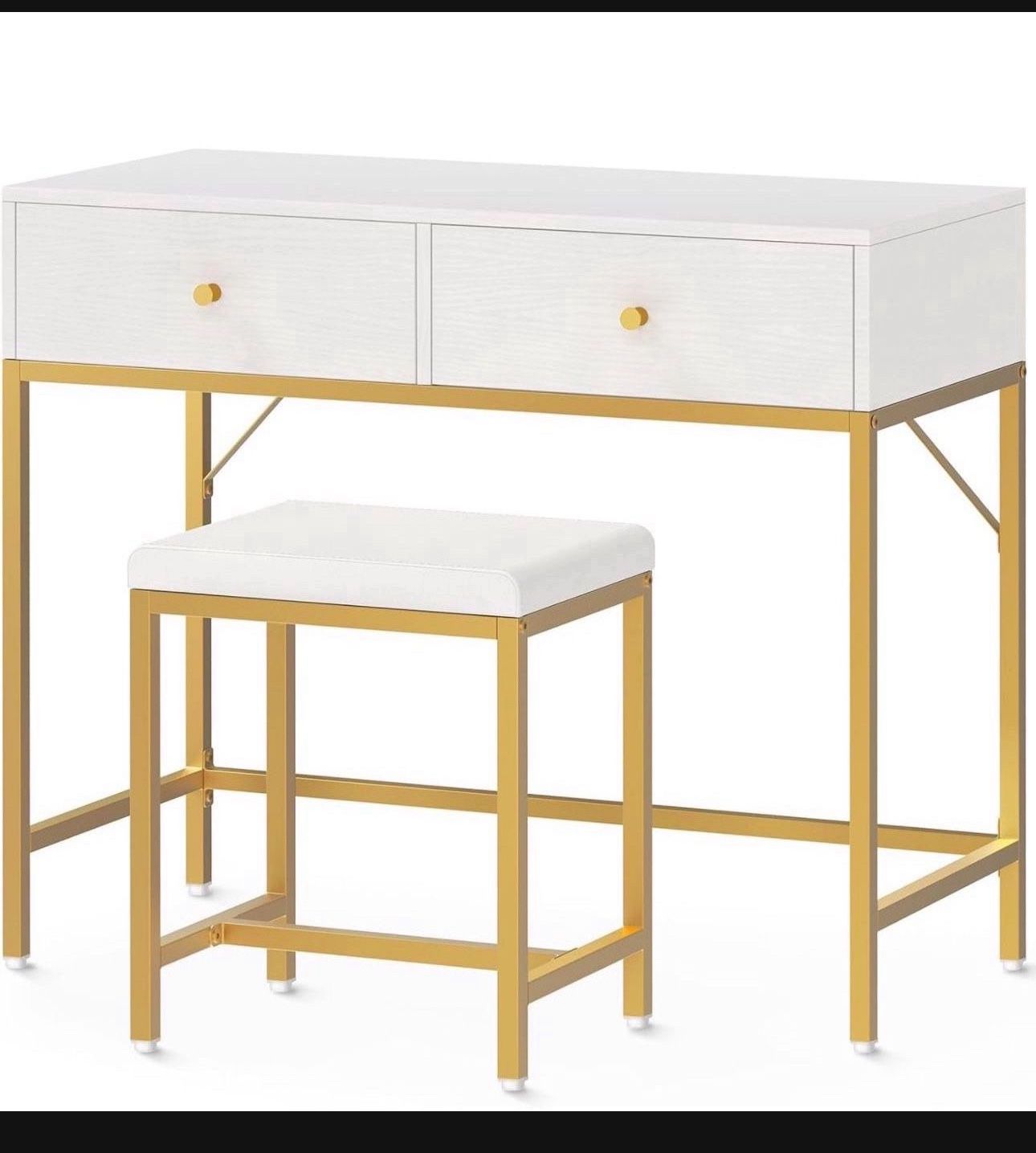 SUPERJARE 35.4" White and Gold Desk with 2 Drawers, Modern Makeup Vanity Desk with Padded Stool, Small Computer Desk Home Office Desk for Writing Stud