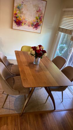 Dining table (wayfair) and 4 pink chairs (West Elm)