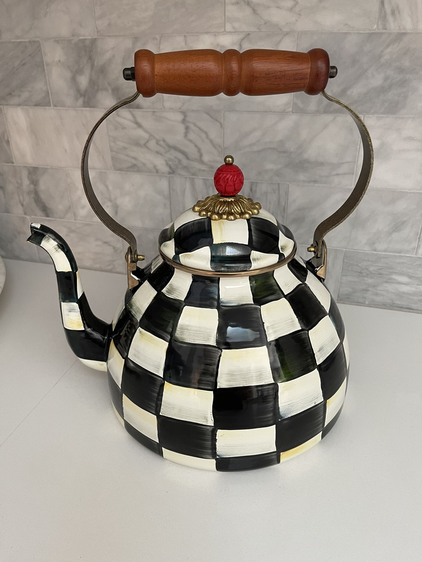 Mackenzie Childs Courtly Check Enamel Tea Kettle - 3 Quart