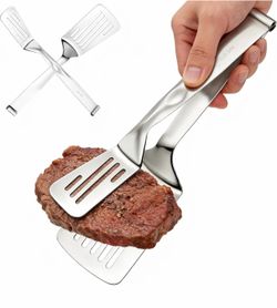 Durable 304 Stainless Steel Spatula Tongs, Rust-Proof 2-in-1 Cooking Tongs for High Heat, Solid One-Piece Design Food Turner, Professional Kitchen Ess