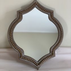 At Home Moroccan Quatrefoil Wall Mirror 16”Accent Distressed Wood beaded Rustic