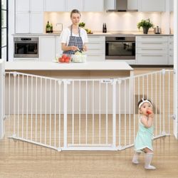 COMOMY 80" Extra Wide Baby Gate, Dog Gate for House Stairs Doorways Fireplace, Auto Close Pet Gate with Door Walk Through, 3 Metal Panels, Hardware Mo