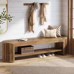 Tribesigns 63 Inch Shoe Storage Bench, Narrow 2-Tier Hallway Bench with Shelf, Rustic Wooden Entryway Seat, Adjustable Feet, for Hallway, Bedroom, Liv