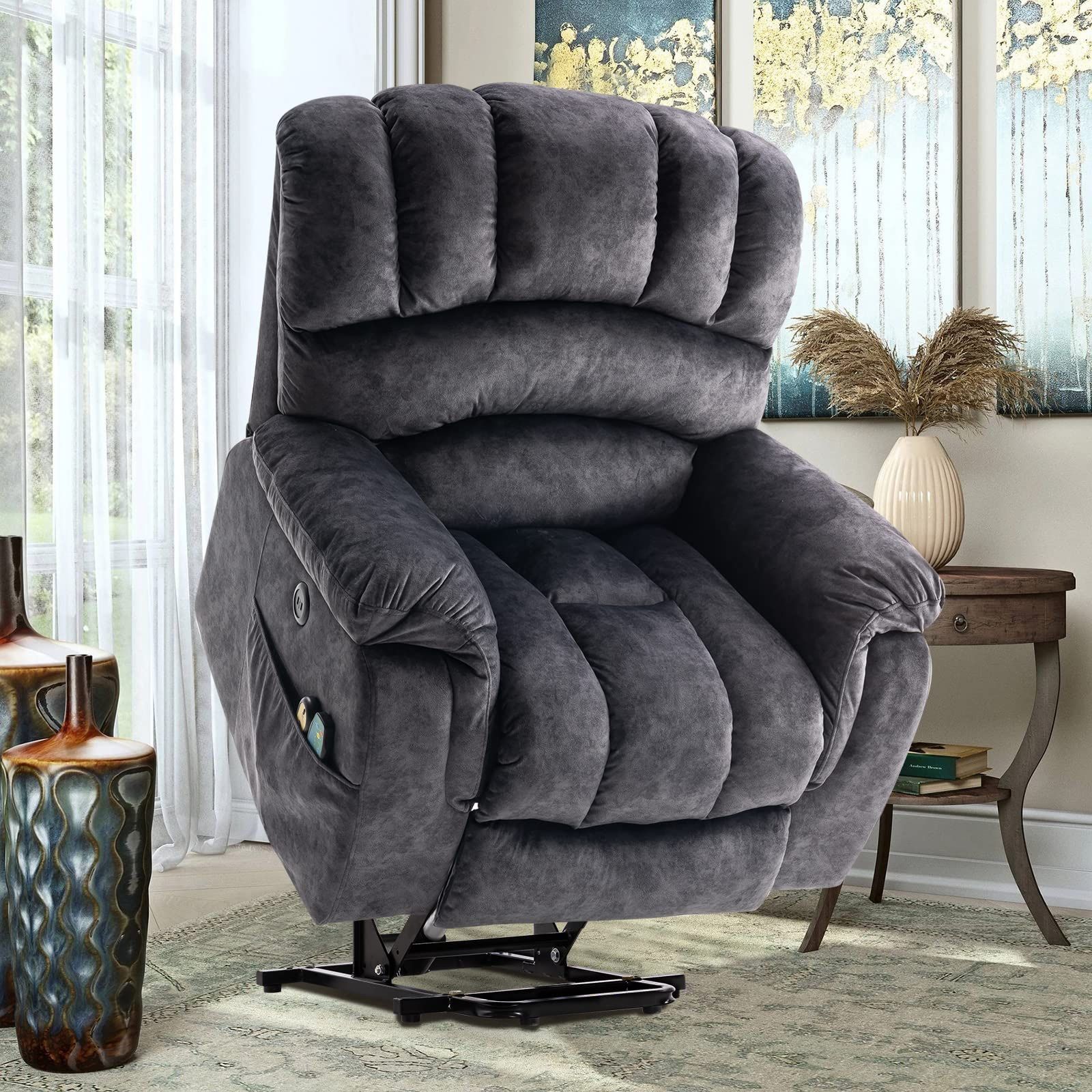 Large Power Lift Recliner Chair with Massage and Heat for Elderly Overstuffed Wide Oversized Electric Recliner with 2 Remote Controls, 2 USB Ports & 2