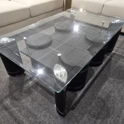 Brand New Glass Coffee Table (51"×32"×18"H) + 4 Black Faux Leather Stools