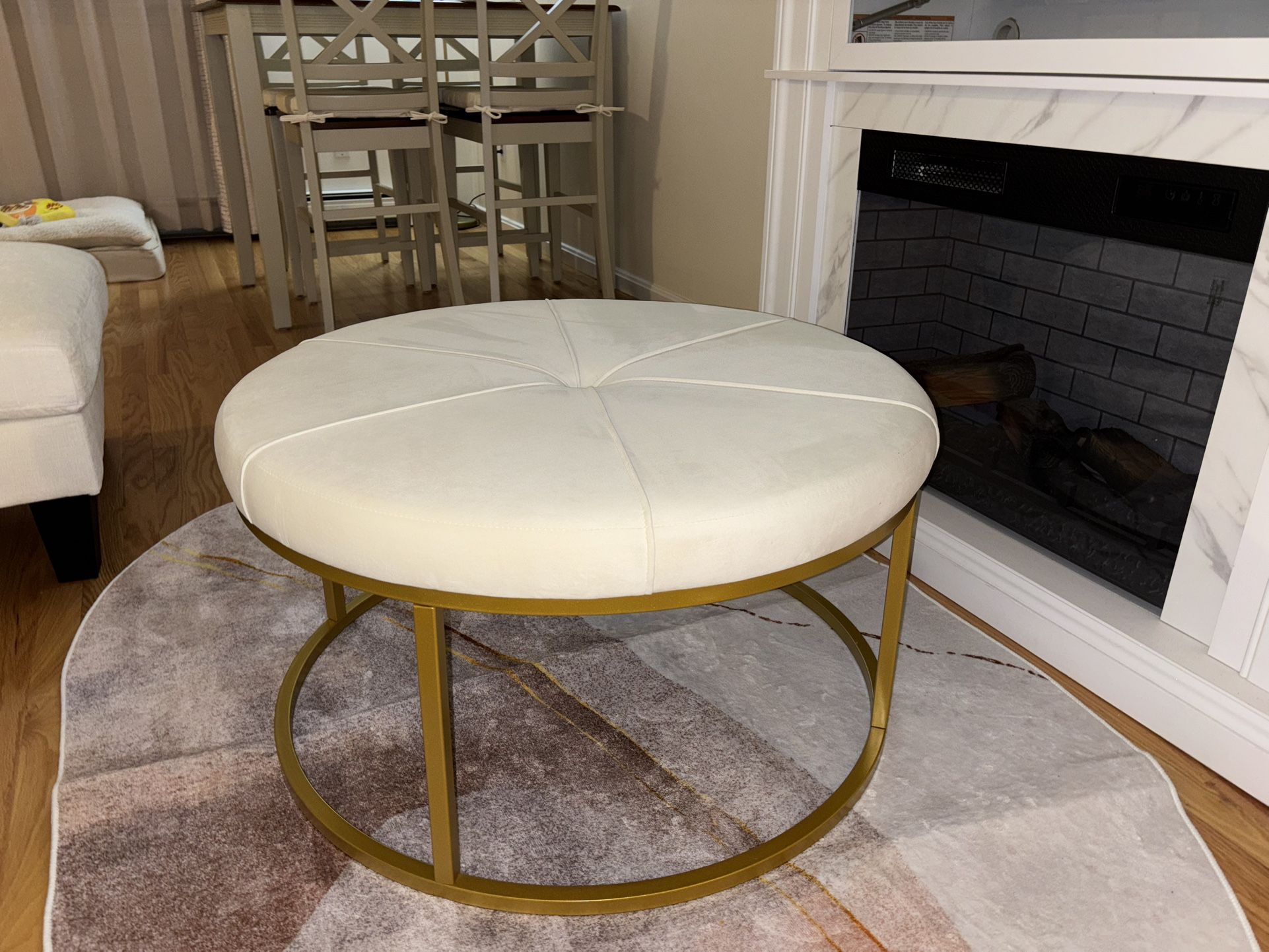 Round Cream Velvet Ottoman with Gold Legs