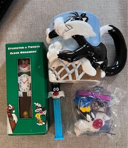1998 & 1999 Sylvester and Tweety Collectibles Clip, Pez ,ornament and 1995 Collectable Mug