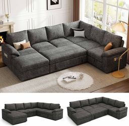 2269 108'' Modular Sectional Sofa with Pull Out Bed, Sleeper Sofa, Dark Gray U Shaped 7 Seat Sectional Couches for Living Room, Cloud Modular Couch w