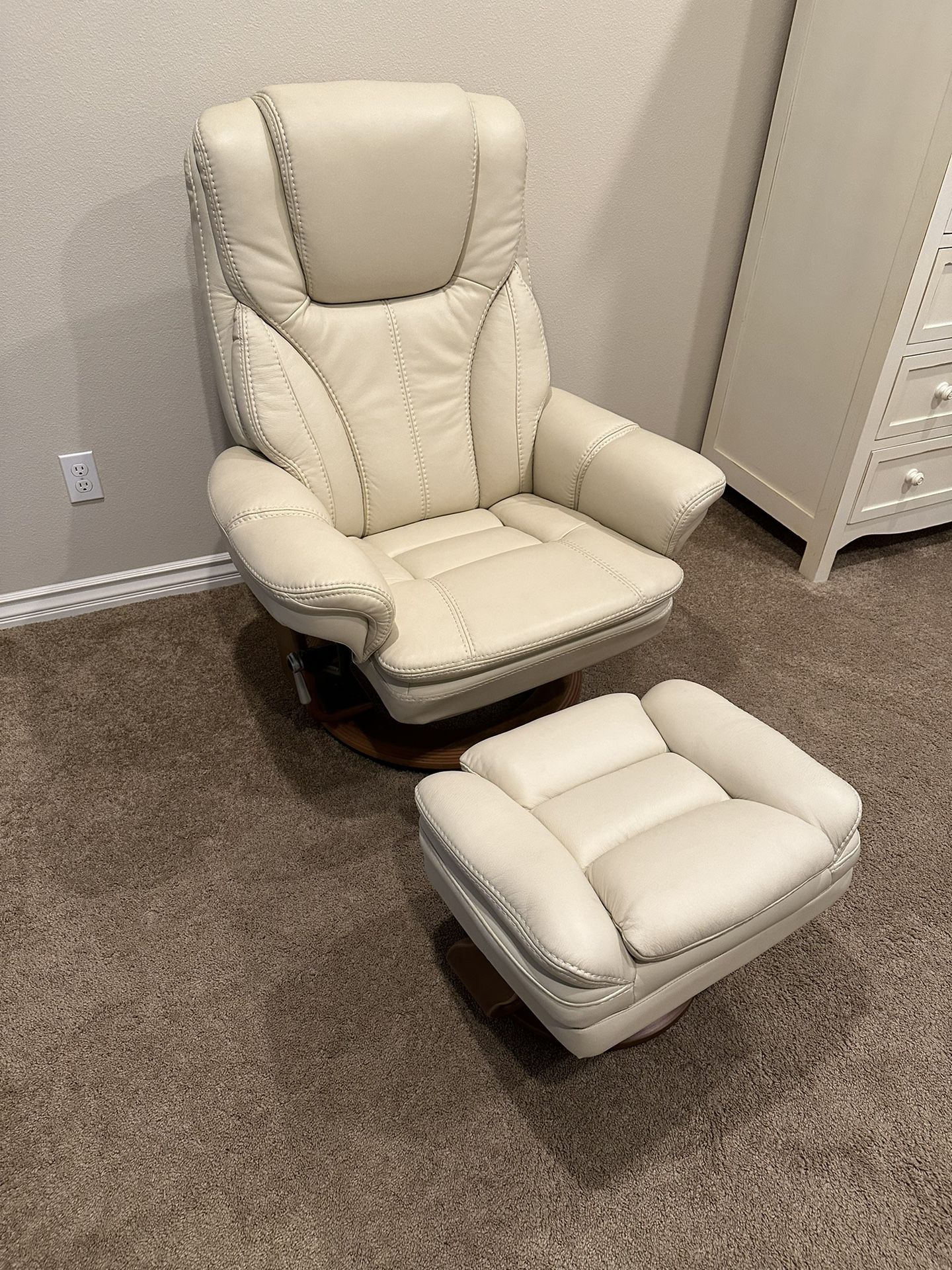 Swivel and reclining chair, cream color with storage ottoman