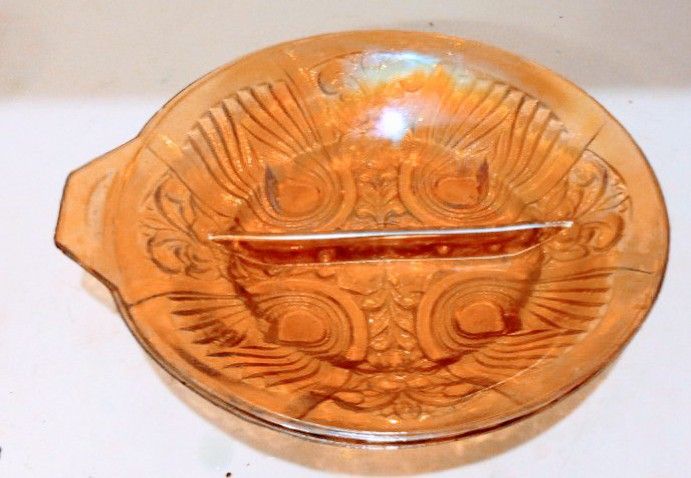 Indiana Glass Carnival Glass Divided Footed Dish Amber Marigold Iridescent

Measures 8" X 1 1/2"

