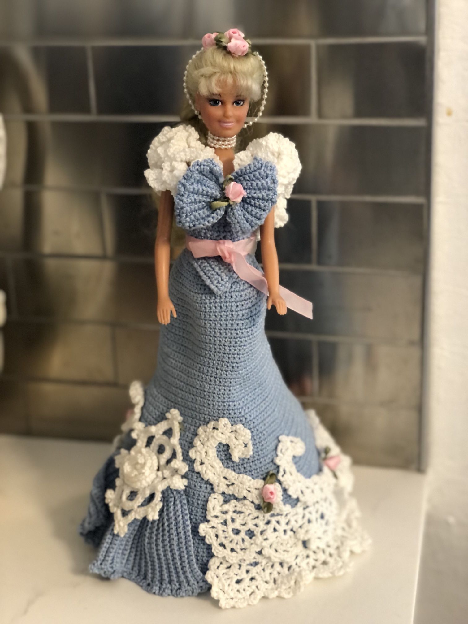 12 inch Barbie with beautifully knitted dress