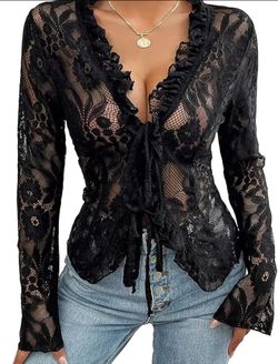 Black Sheer Ruffled Floral Lace Tie Front Long Sleeve Blouse Size Small