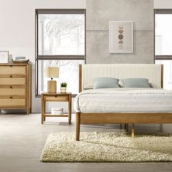 Comelia 5-Piece Rubberwood Bedroom Set with Corduroy Upholstered Queen Bed, Dresser, Mirror, 1 Nightstands, and Chest