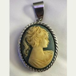 Vintage necklace, silver tone, cameo pendant, locket