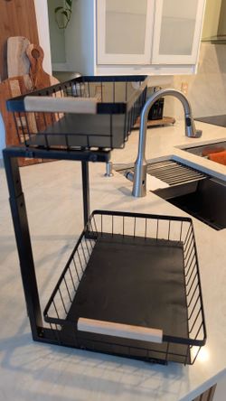 L-Shaped 2Tier Pull-Out Under Sink Organizer ONLY Left Side Organizador Extraíble para Debajo del Fregadero 2 Niveles Lado Izquierdo Negro
