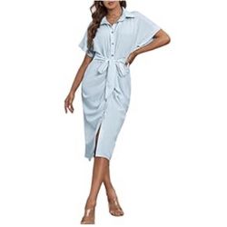 Women's Collar Button Down Ruched Self Tie Short Sleeve Midi Dress
