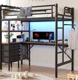 USED Twin Size Loft Bed with L-Shaped Desk,Charging Station, Industrial Heavy Duty Metal Loft Bed Frame with 3 Storage Shelves and 3 Fabric Drawers, S