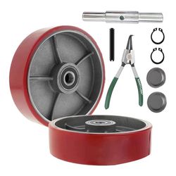 Legines Pallet Jack/Truck Steering Wheels Set with Axle, Fasteners and Protective Caps (2 pcs) 7" x 2" with Bearings ID 20mm Poly Tread With Tools （Re
