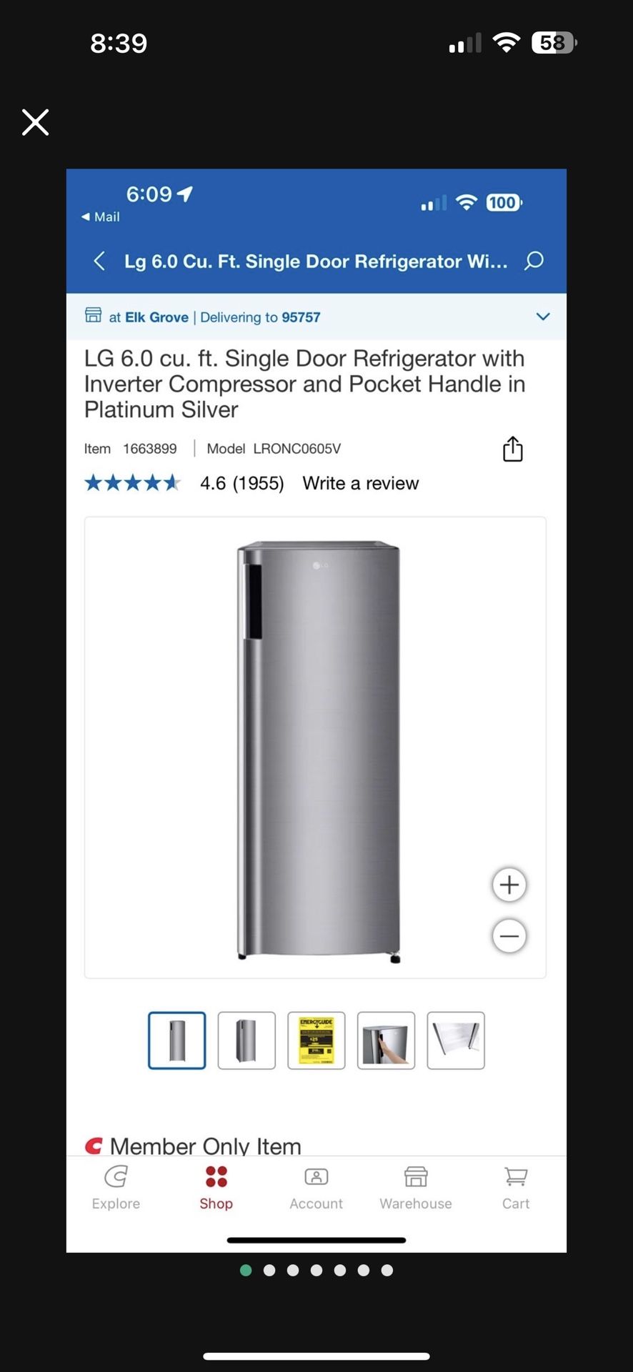 LG 6.0 cu. ft. Single Door Refrigerator with Inverter Compressor New In The Box