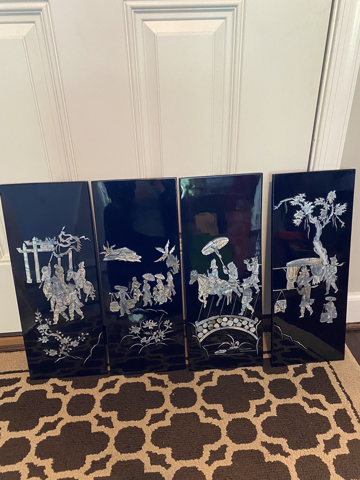 4 Vintage Asian Black Lacquer Mother of Pearl Wall Panels Art Chinese
