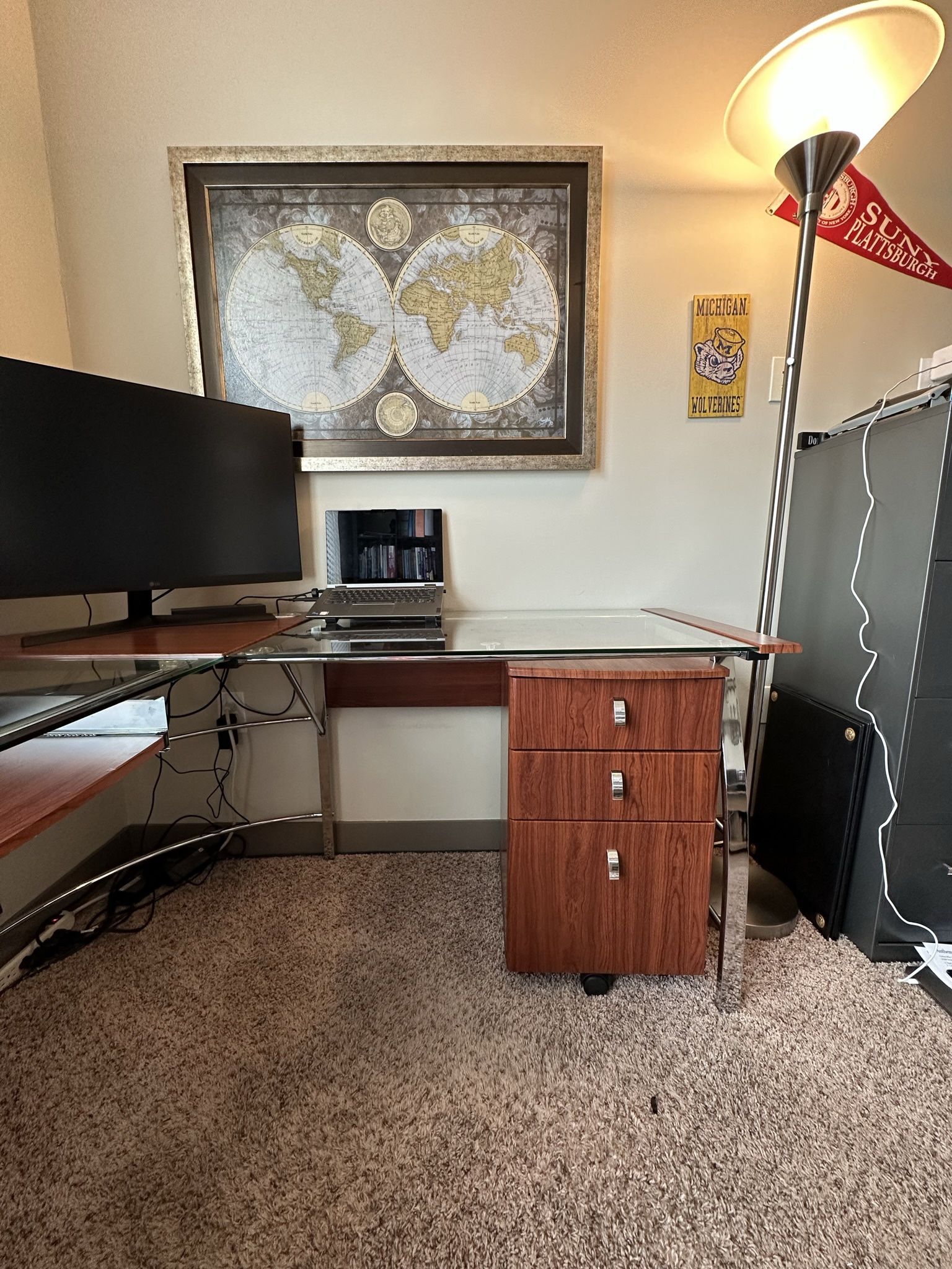 Large Glass Corner Office Desk & Matching File for Sale in