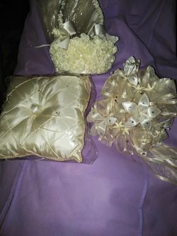 Wedding flower girl basket, ring bearer pillow and toss bouquet