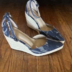 NEW Ladies Blue Canvas Wedge Heel Shoes Size 8.5/9