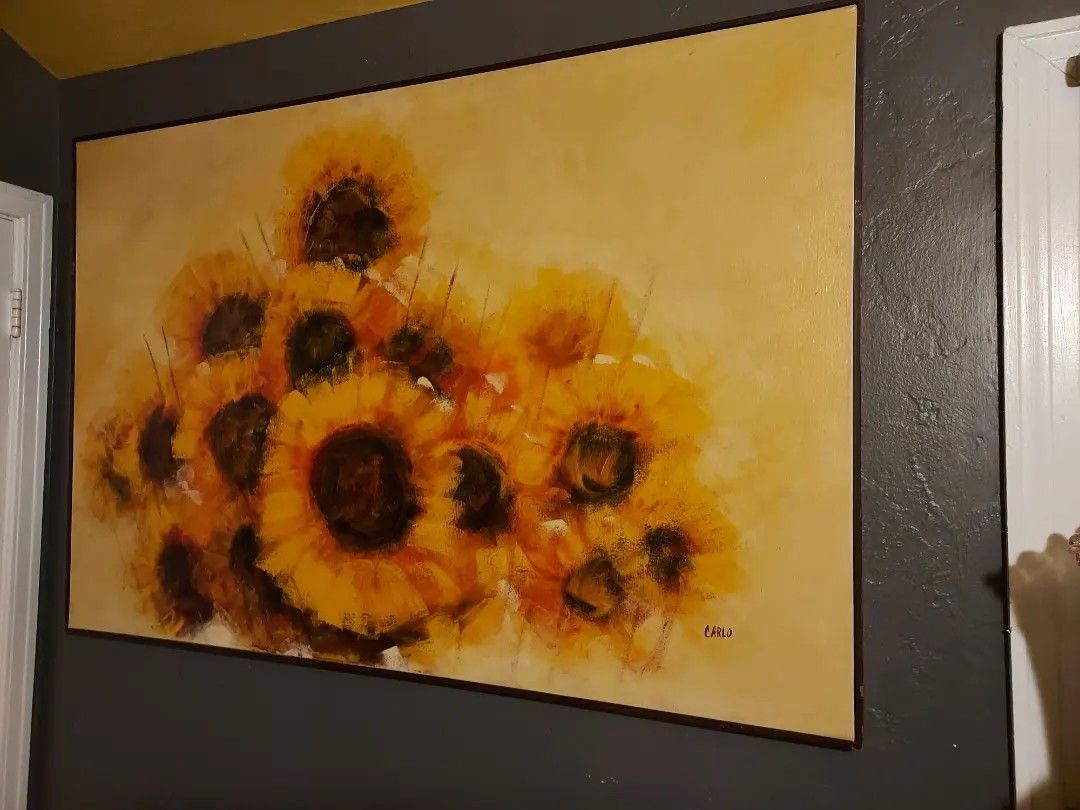 Vintage Oversized Sunflower Oil On Canvas Art by Carlo. 60 x 40