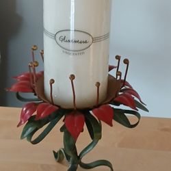 Metal Holly  Candle Holder With Unused Candle